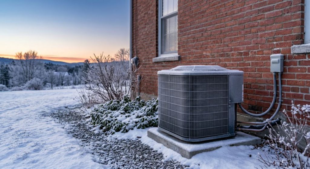 Heat pump outdoor unit covered in snow on a cold winter morning outside house